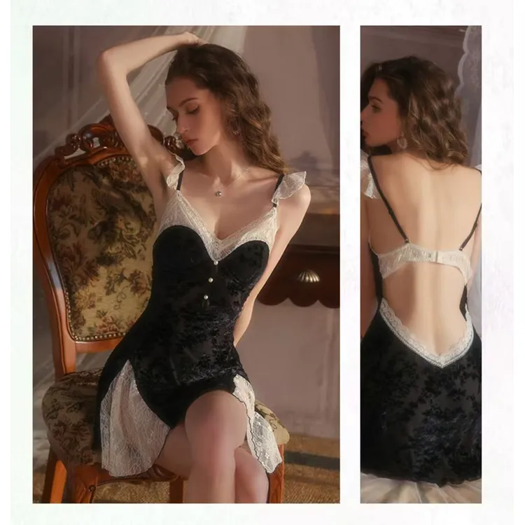 【轻奢诱惑】法式蕾丝美背显瘦性感火辣固定胸垫露背烧花面料睡裙