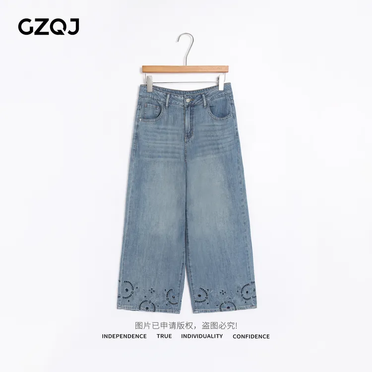 老琴私服【海岸线蓝调】欧若风时尚裤脚花纹阔腿九分牛仔裤子23501