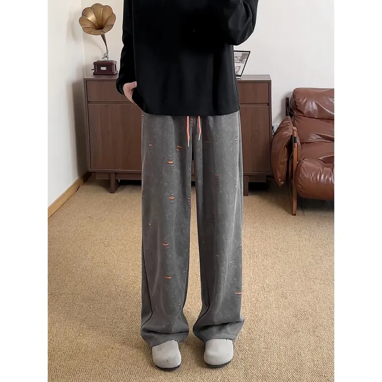 灰色破洞直筒卫裤男款垂感慵懒hiphop美式裤子高街运动弯刀休闲裤