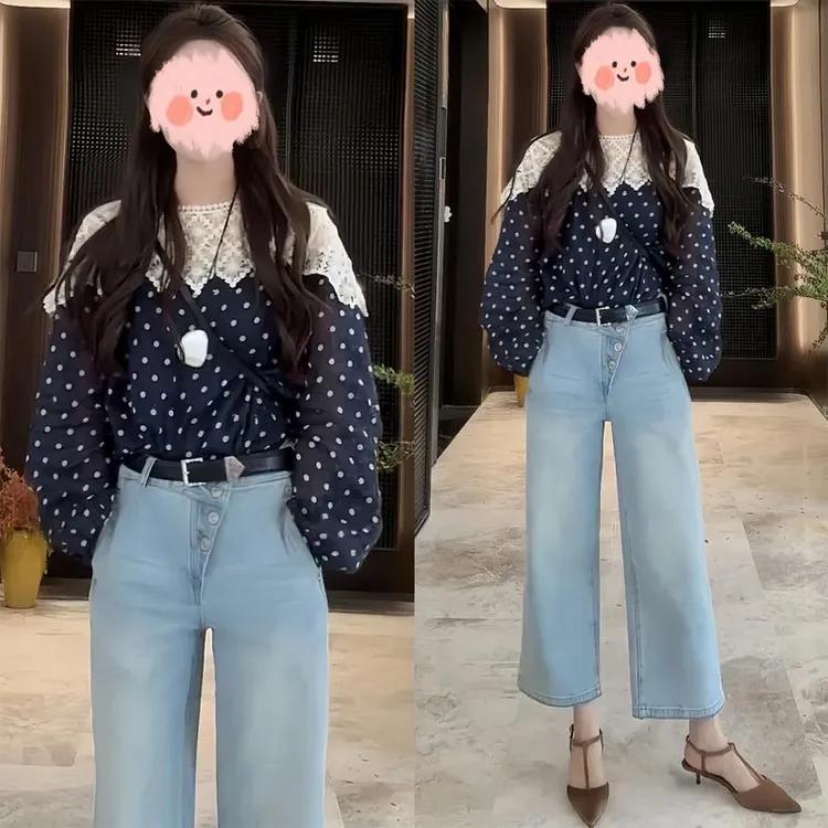 2025夏季韩式新款轻奢风波点长袖上衣百搭牛仔裤两件套女时尚套装