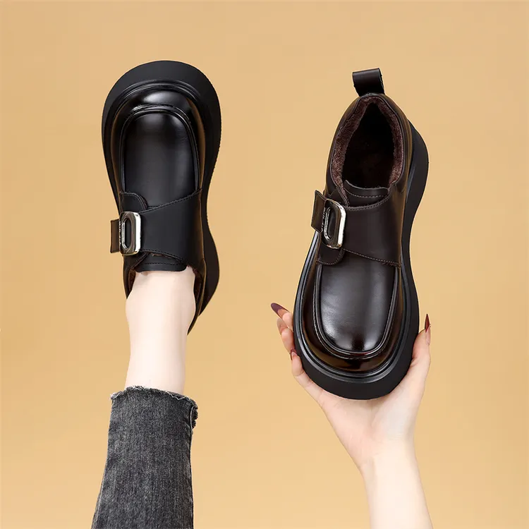 欧货韩版厚底小皮鞋女2025秋冬新款加绒舒适增高软底乐福鞋大码41