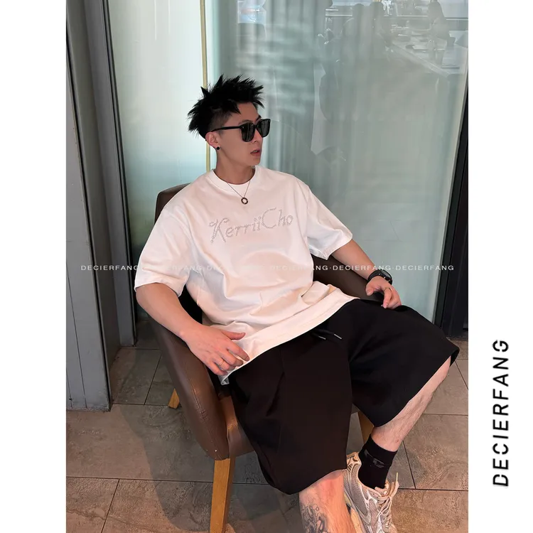 DF美式复古字母珍珠短袖T恤男女高智感宽松cleanfit休闲上衣