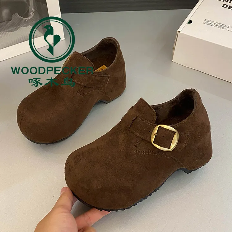 啄木鸟厚底增高勃肯鞋女2025新款秋季一脚蹬乐福鞋全包豹纹单鞋子