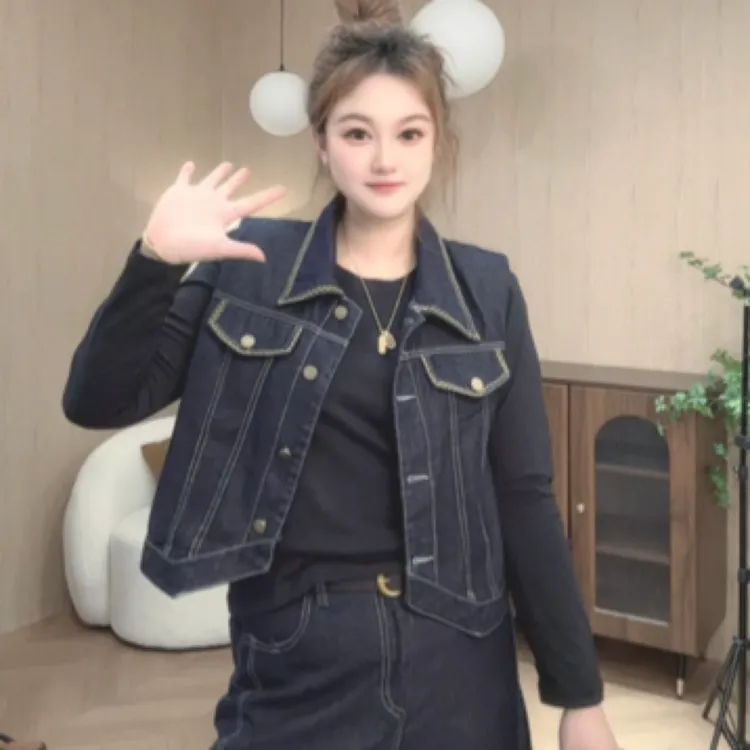 新款时尚显瘦牛仔无袖马甲搭配高腰阔腿裤套装