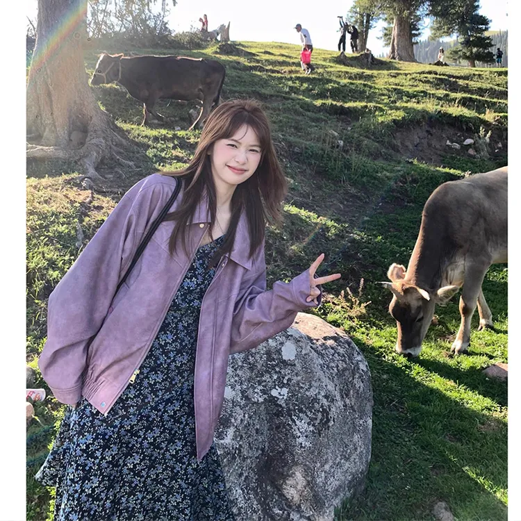 绝绝紫回归超好穿皮衣外套女秋复古做旧感时髦pu皮夹克外套 君君