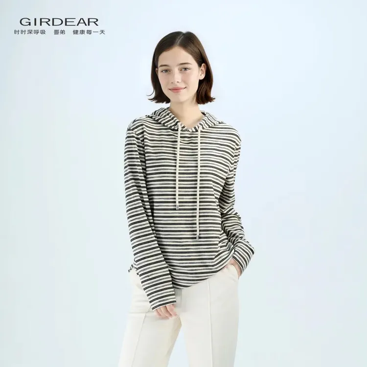 GIRDEAR/哥弟秋季新款1300918女装时尚休闲百搭条纹连帽长袖卫衣