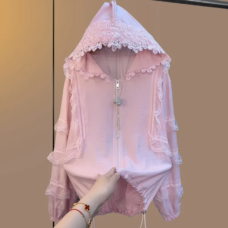 大码女装胖妹妹春夏连帽长袖防晒短外套百搭蕾丝设计感气质显瘦