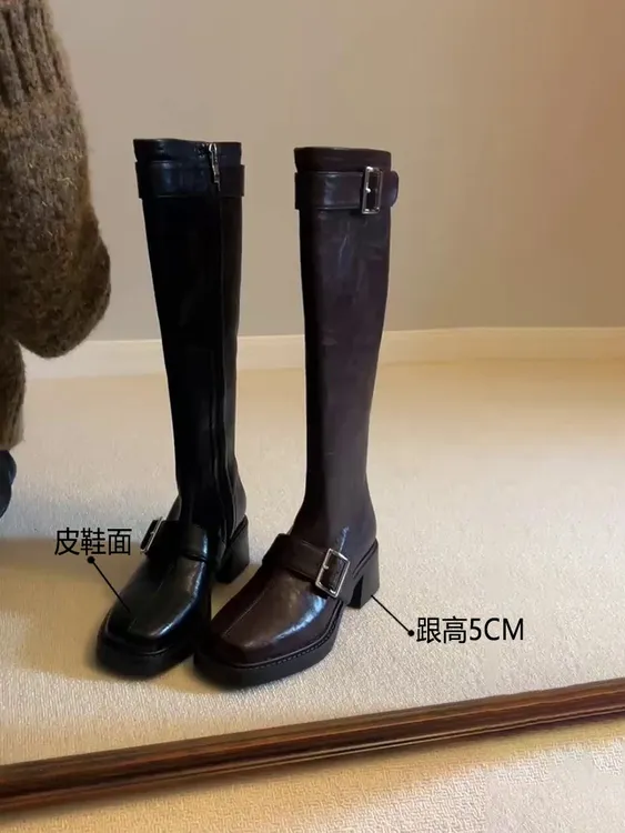 自留~法式方头皮带扣粗高跟5cm时髦英伦风显瘦长筒靴女瘦瘦靴女