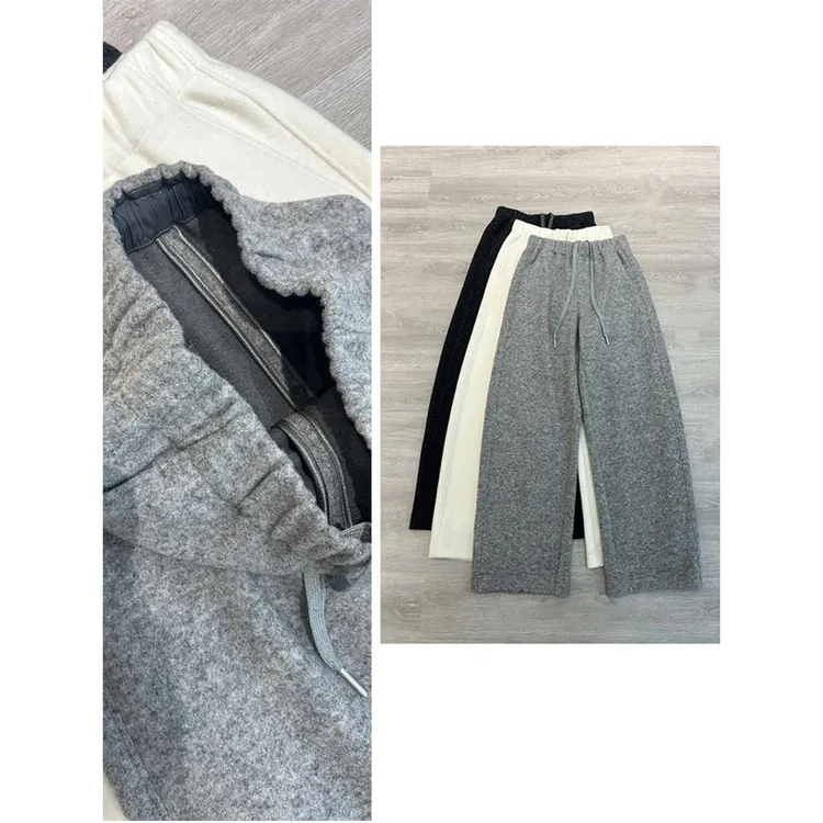 ROW风绵羊毛窄版弯刀裤极简秋冬松紧腰拉绒羊毛裤休闲百搭阔腿裤