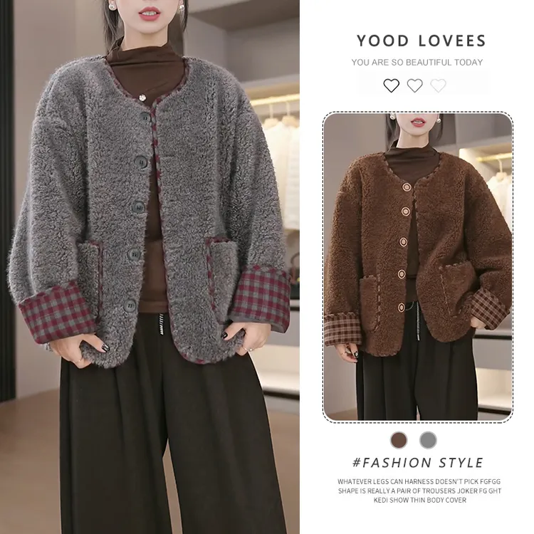 小香风圆领单排扣皮毛一体毛毛外套女秋冬新款宽松百搭小个子上衣