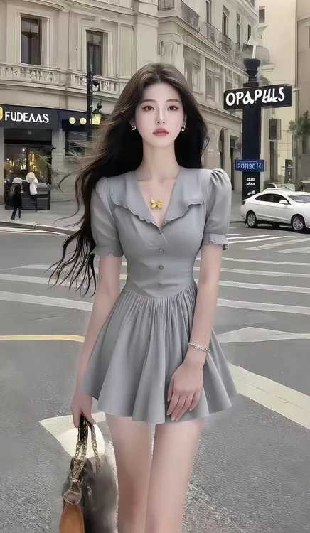 夏季新款氛围感温柔纯欲千金风灰色V领短袖收腰显瘦气质连衣裙女