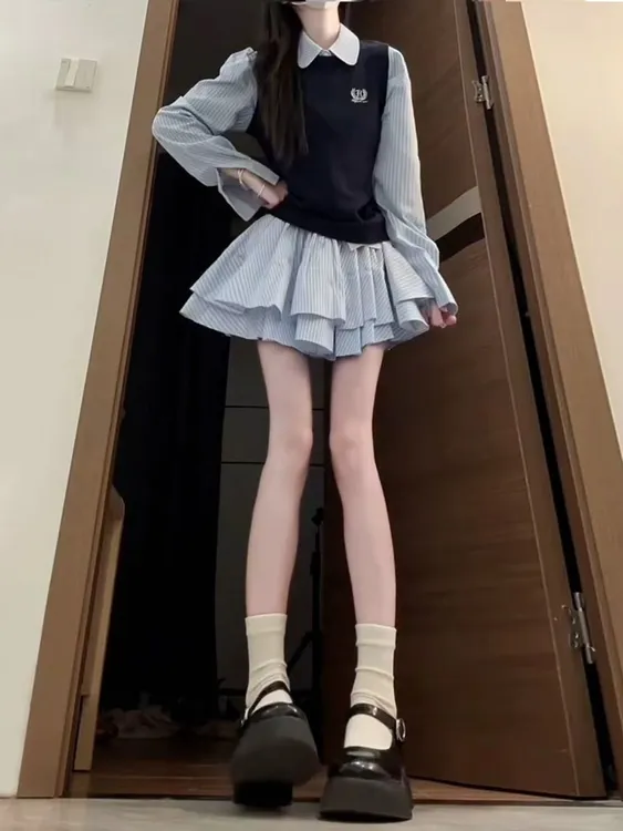大码女装早秋新款休闲风慵懒风时尚套装衬衫韩版甜美套装