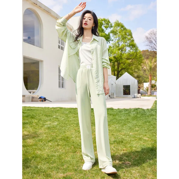 苏醒的乐园外套休闲裤套装年条纹衬衫吊带长裤三件套女
