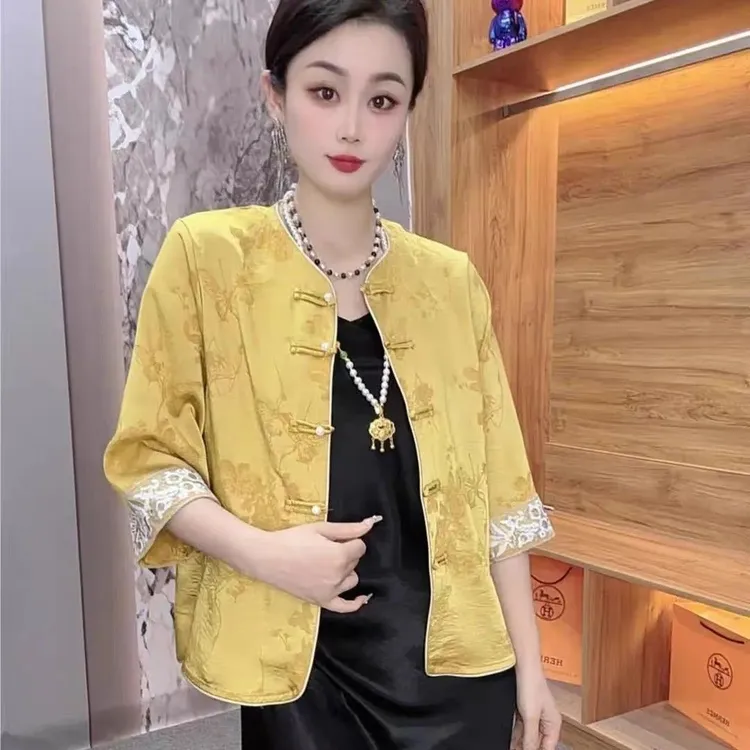 绿色新中式薄外套女年轻款醋酸缎面盘扣开衫上衣外搭感防晒衣