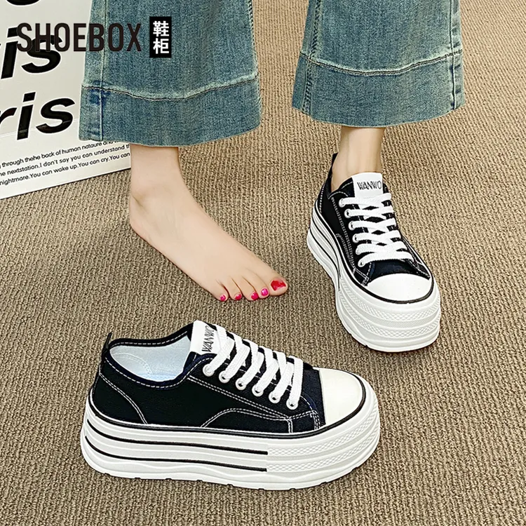 SH0EBOX鞋柜厚底增高6CM休闲百搭板鞋女2025秋新款黑色帆布鞋