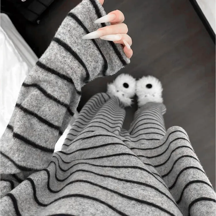 2025新款条纹长裤长袖秋冬加厚保暖睡衣女弹力韩版宽松家居服套装