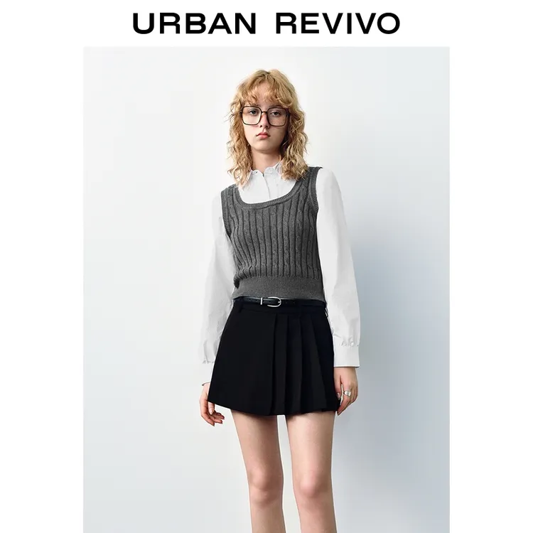 【HOT】UR2025秋季新款女休闲假两件棉质修身针织衫UYY950068