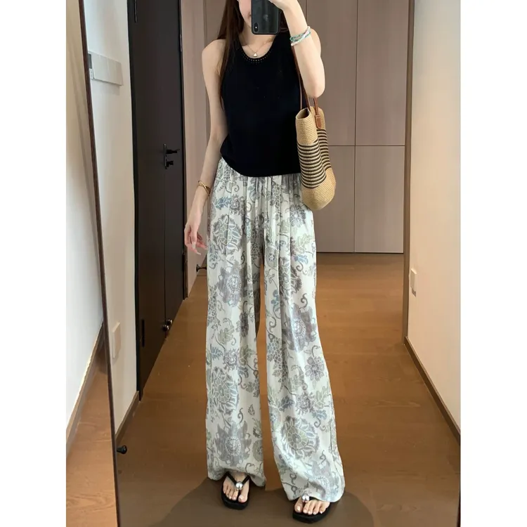 阔腿裤休闲裤碎花夏季花裤子夏季薄款复古小众喷花亚麻裤