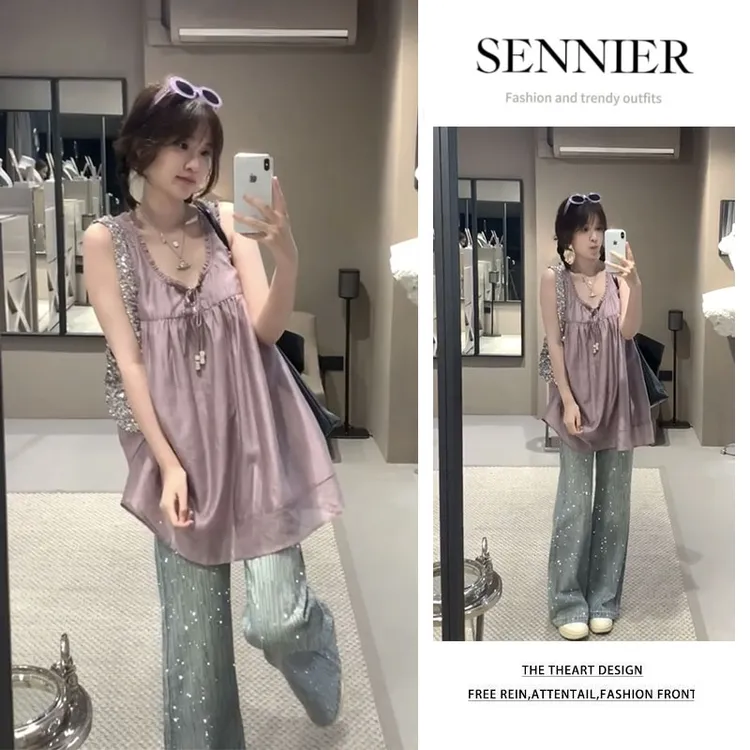 今年流行穿搭2025新款洋气百搭V领无袖上衣显瘦阔腿牛仔裤两件套