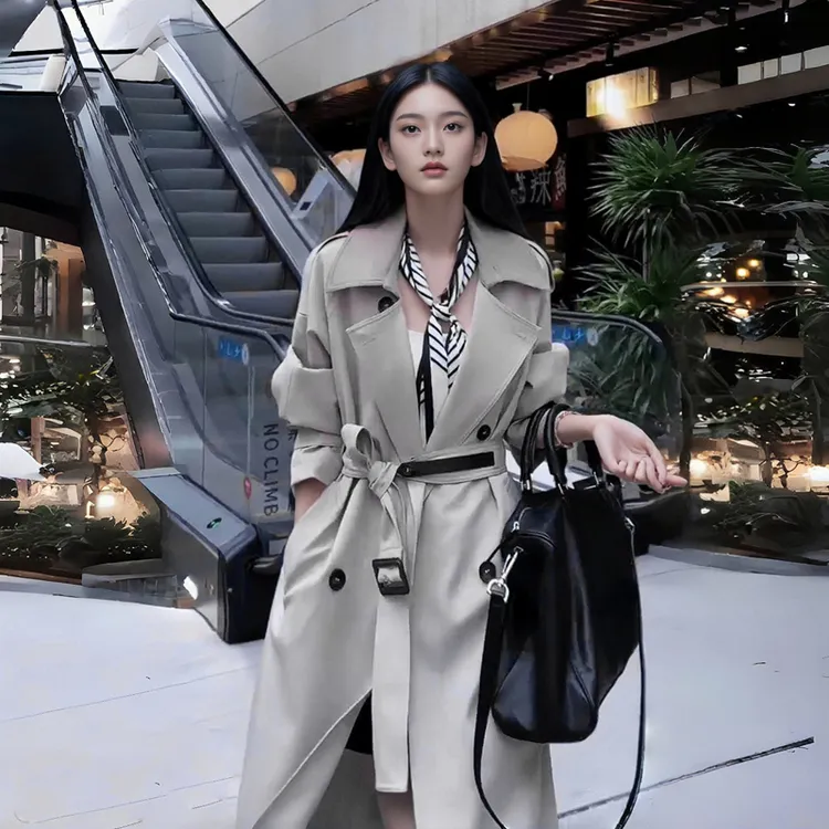 2025春秋新款英伦风女外套撞色翻领长款设计百搭显瘦小个子友好