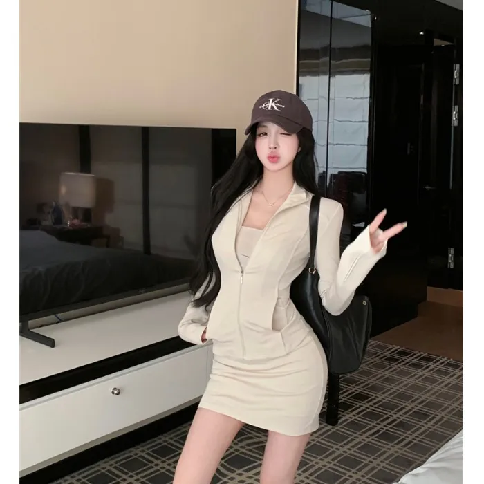 休闲运动风套装修身辣妹翻领长袖开衫外套女秋季包臀半身裙两件套