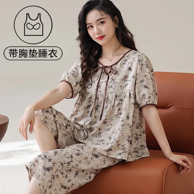 夏季睡衣女士爆款带胸垫外穿气质甜美风休闲短袖七分裤家居服套装