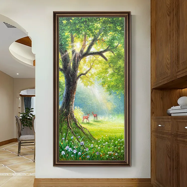 福鹿发财树纯手绘油画美式欧式轻奢简约现代入户玄关走廊墙挂画