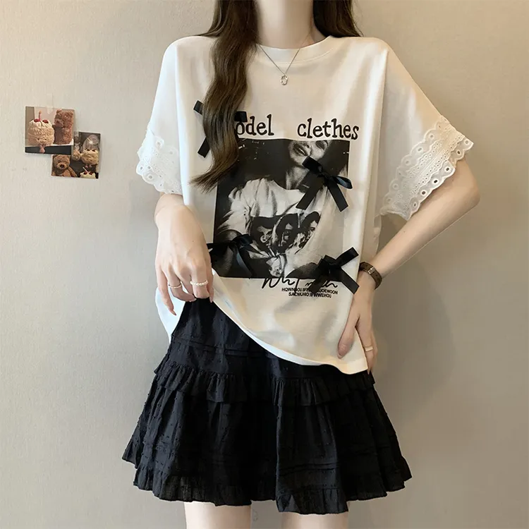 大码遮肚子正肩打底衫女夏季微胖显瘦上衣设计拼接蕾丝短袖t恤潮