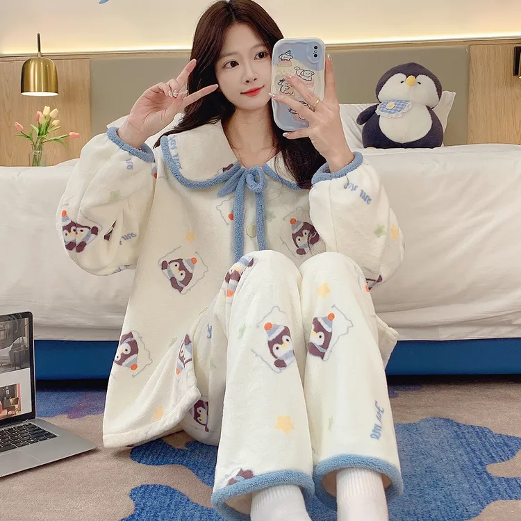 新款珊瑚绒睡衣女秋冬加厚加绒可爱外穿学生法兰绒开衫家居服套装