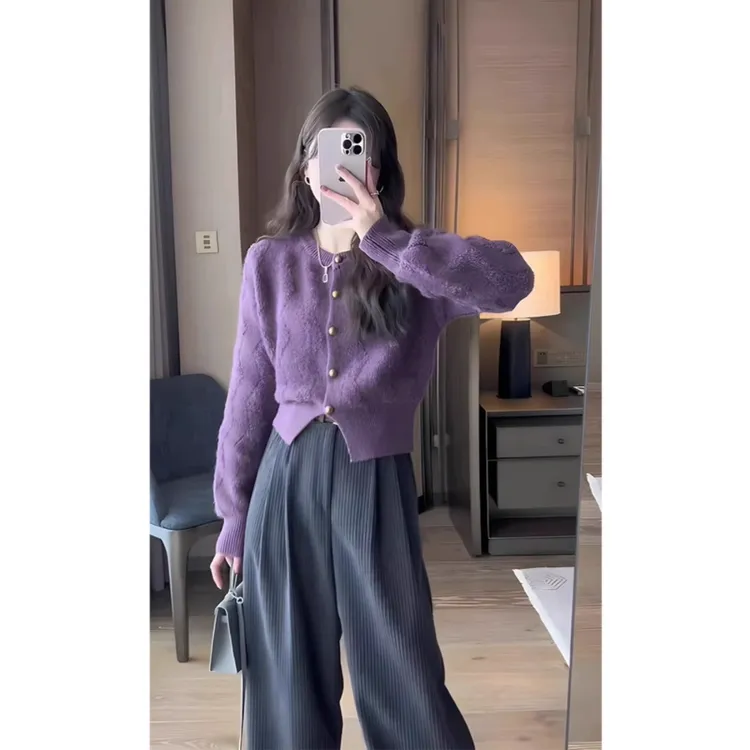 秋装女2025年新款时尚套装高级感气质穿搭紫色毛衣阔腿裤两件套女