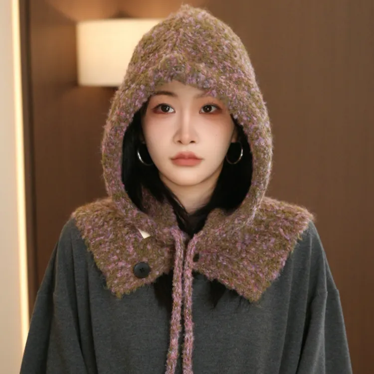 羊毛混纺帽子围脖一体巴拉克拉法帽女冬季防寒保暖加厚针织毛线帽