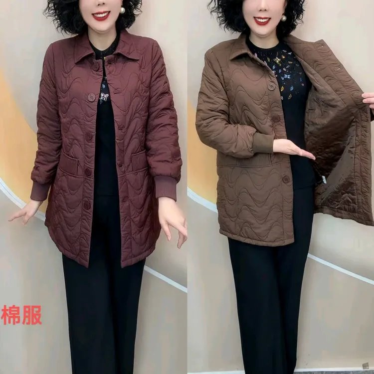 高端中长款波纹二棉外套休闲百搭大码中老年外套妈妈装（衣长80）