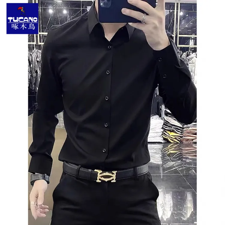 啄木鸟衬衫男款长袖黑色修身潮流秋季商务职业正装休闲白衬衣西装