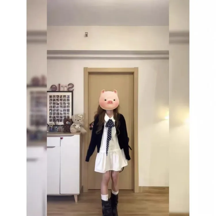 1学院风娃娃领长袖衬衫连衣裙搭配外套领结三件套秋季减龄套装