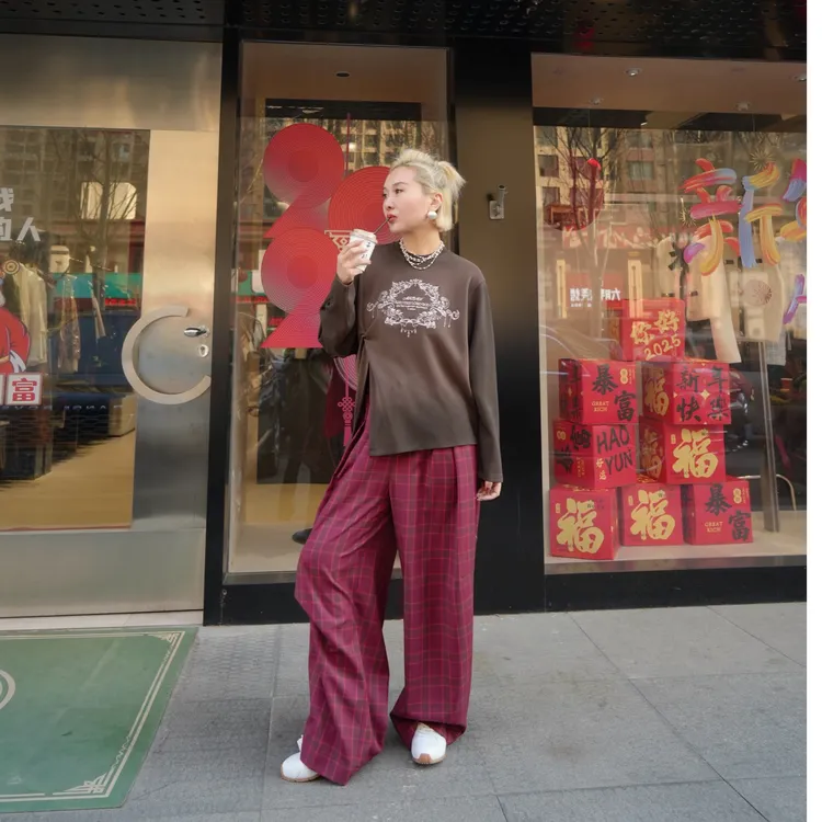 AVVENN格子双腰头抽绳阔腿裤