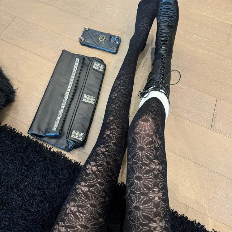 ChiclyNana暗黑色系克罗网纱镂空性感十字架网格印花连裤袜黑丝袜
