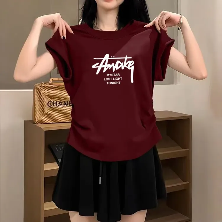 纯棉飞飞袖休闲风褶皱短袖圆领T恤洋气夏季显瘦百搭印花设计感ins