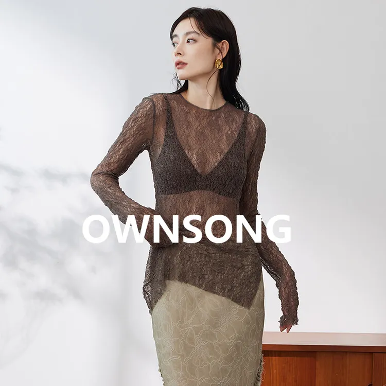 OWNSONG 轻薄蝉翼镂空针织蕾丝上衣显瘦性感长袖修身弹力打底罩衫