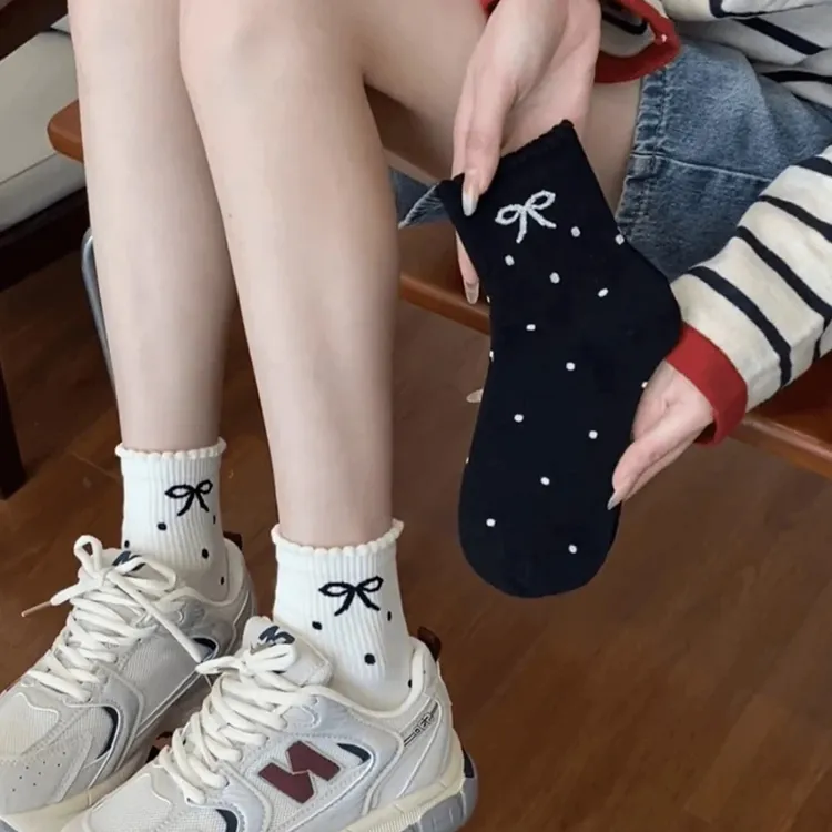 夏季新款花边蝴蝶结中筒袜女透气ins潮日系网红学生韩版袜堆堆袜