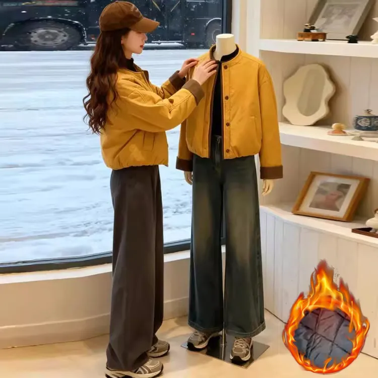 2025秋冬季新款女士时尚小众设计感夹棉加厚黑色毛领拼接棉服外套