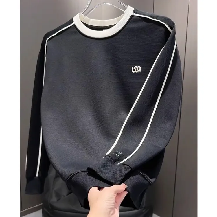 春秋季潮牌字母刺绣休闲卫衣男士简约设计感潮流拼接圆领长袖上衣