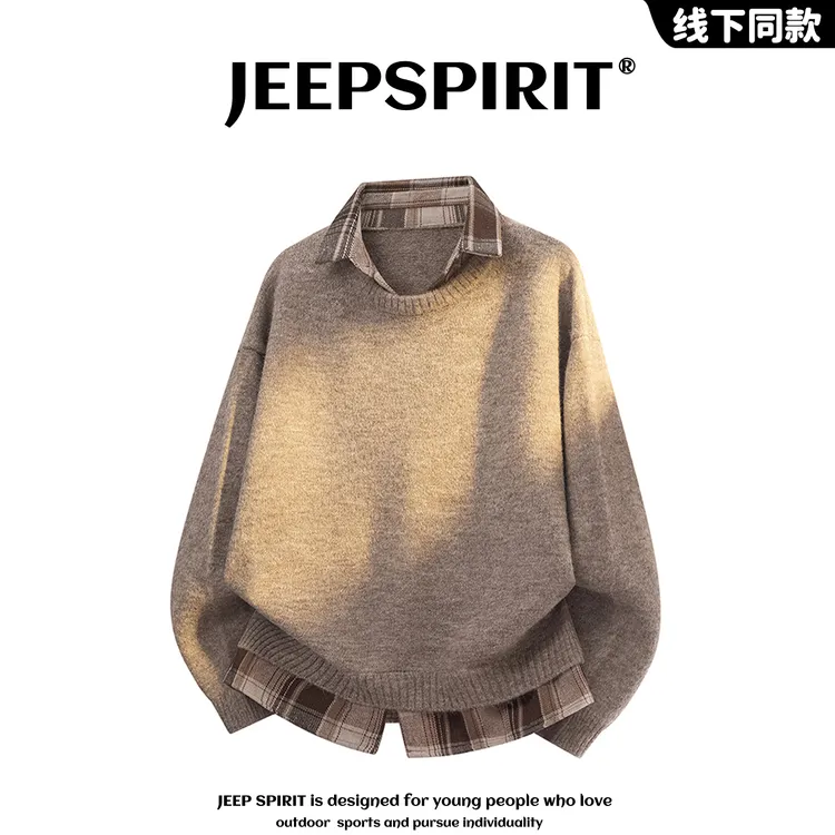 JEEP吉普【官方】美式假两件拼接衬衫领毛衣男潮牌宽松慵懒风针织衫