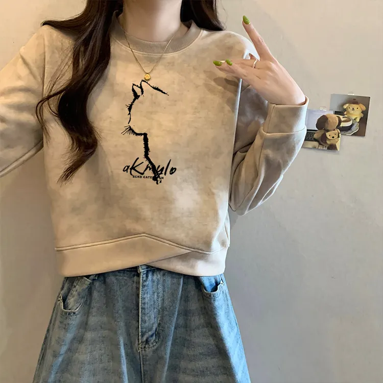 2025年新款美式扎染圆领卫衣女秋冬季宽松套头短款不规则上衣外套