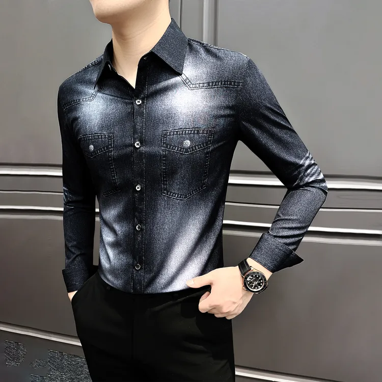 牛仔印花衬衫男长袖秋季爆款2025新款网红款痞帅潮流男装休闲衬衣