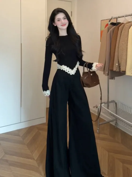 2025秋季超火巨好看一整套大方得体轻奢高级感黑色针织衫套装裤女