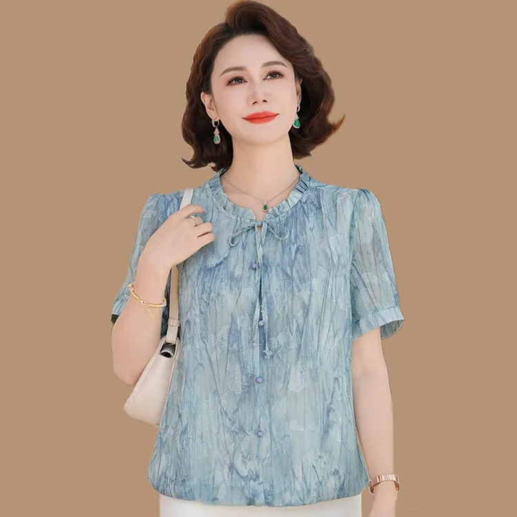妈妈夏装雪纺短袖t恤衫洋气2025新款中老年女装夏季时尚减龄衬衣
