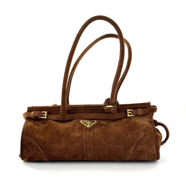 99新 Prada/普拉达 Soft Lux棕色麂皮单肩手提包/Prada