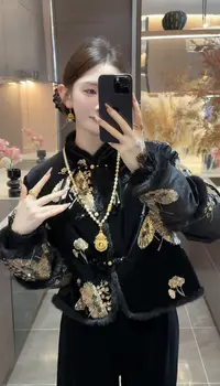 【周粥】【金蝶】2025秋冬新款新中式亮片刺绣加棉加厚上衣JJQ5MY6343