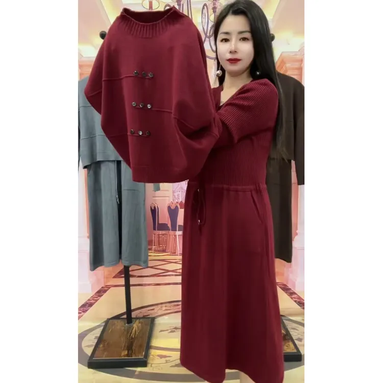 秋冬新款女士套装衣裙洋气宽松马甲显瘦休闲打底针织连衣裙两件套