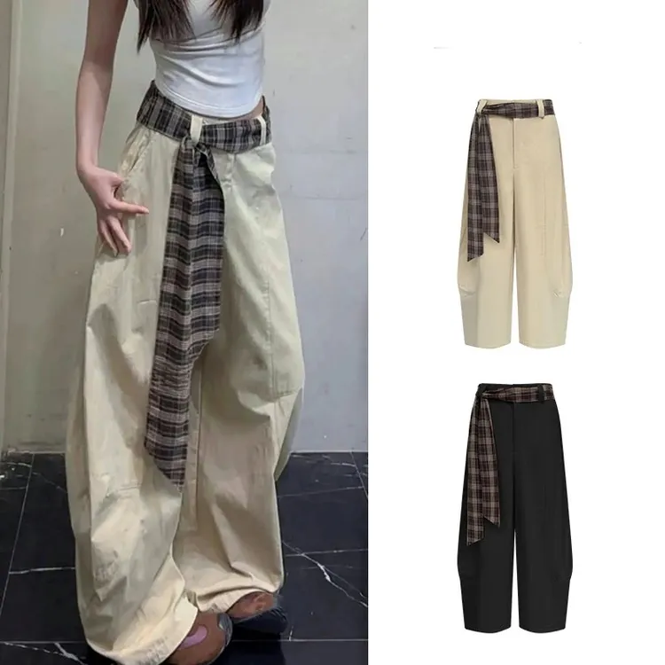夏季设计感百搭休闲裤配腰带宽松时尚弯刀阔腿裤高腰薄款显瘦A889